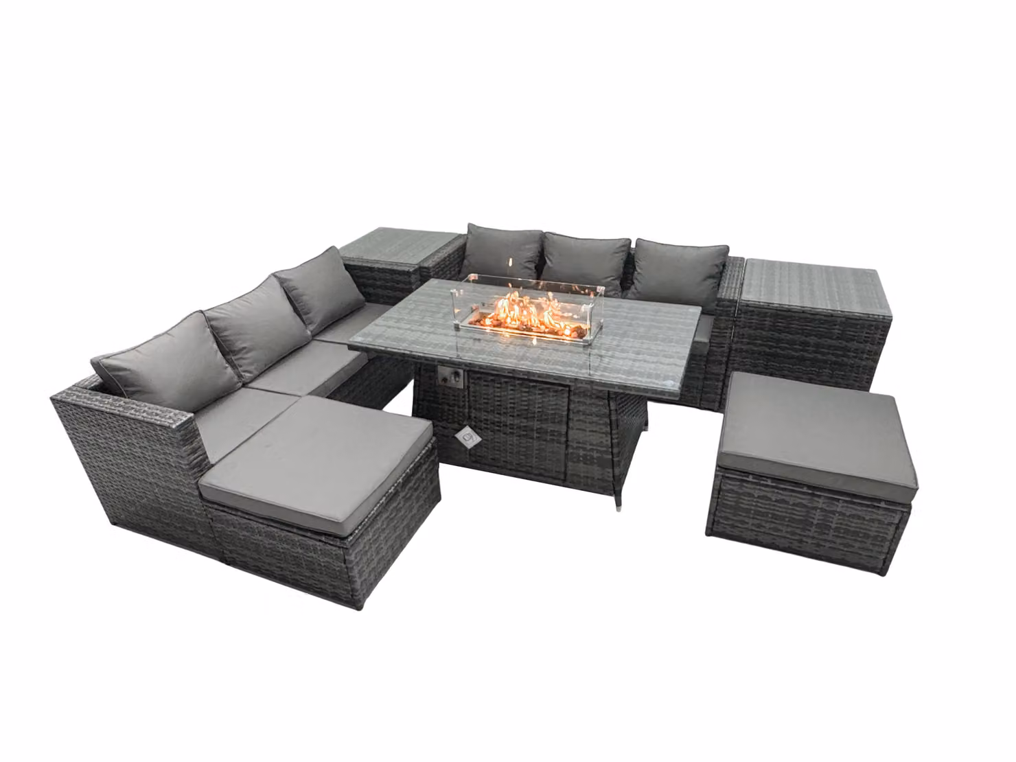 Fimous 6 Seater Rattan Garden Furniture Firepit Dining Set with Lounge Sofa, Table, 2 Side Tables and 2 Footstools in Dark Grey – 2