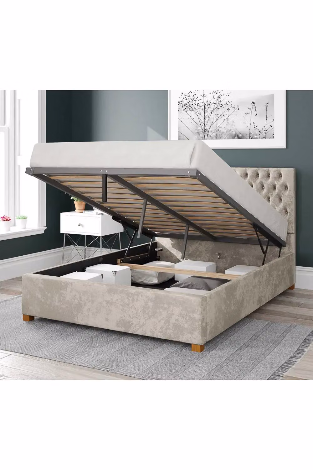 Aspire Nightingale Upholstered Ottoman Storage Bed in White Velvet Fabric, W/D/H: 140 x 200 cm – 2