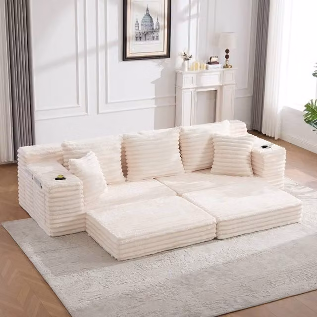 Rolipo Beige Corduroy Sleeper Sofa with Cup Holders and High Backrest