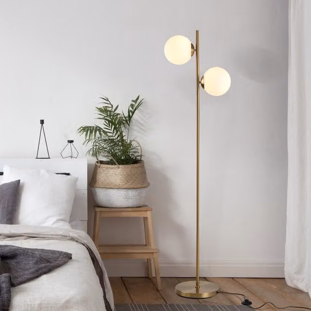 HOMCOM Modern 2-Light Tree Floor Lamp in Gold and White with Glass Spheres, Height: 165 cm