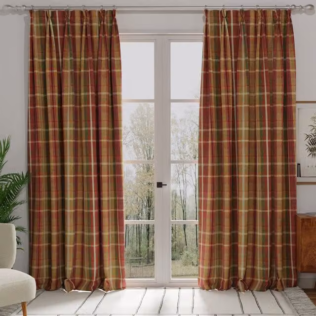 Terrys Galloway Made to Measure Rustic Checked Blackout Fabric Panel Curtains in Red and Multicolour