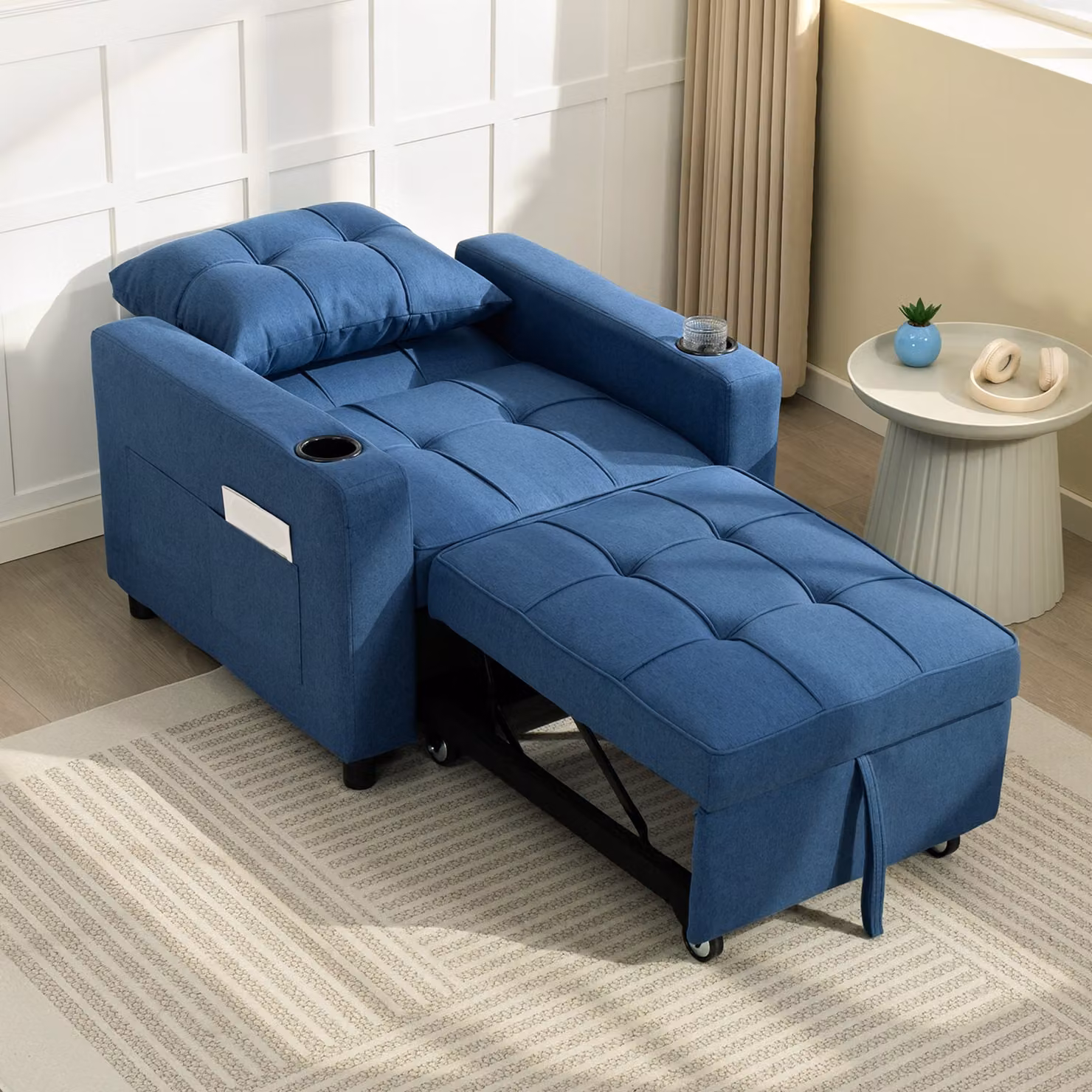 HOMCOM 3-in-1 Convertible Single Sofa Bed with Armrests in Blue – 8