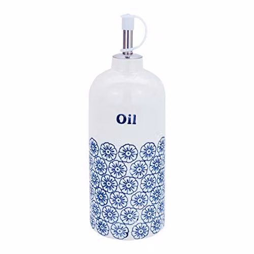 Nicola Spring Floral Blue and White Stoneware Vinegar Bottle with Stainless Steel Pourer, 500ml