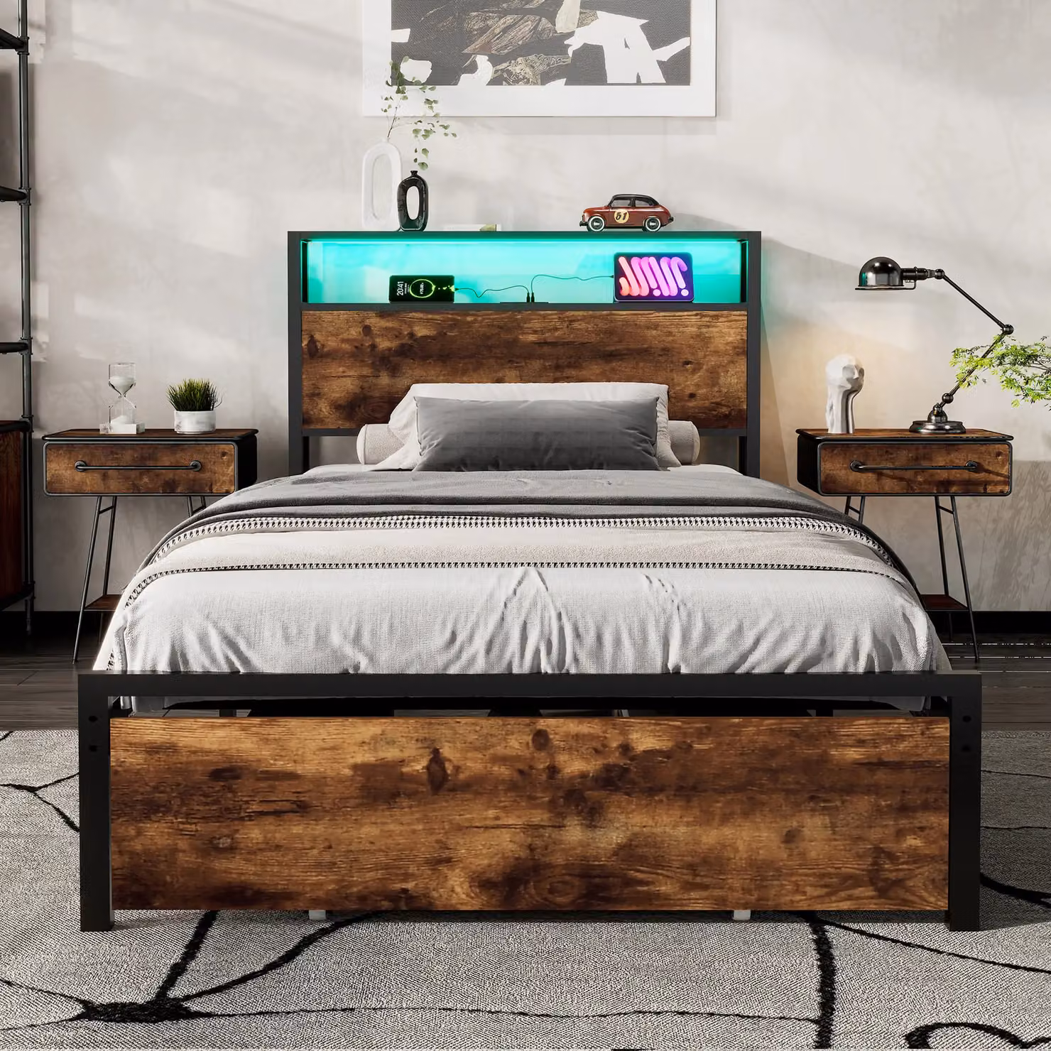 Matteo Metal Single Bed in Black with LED Light Strip, Storage Drawer and USB/Type C Ports, W/D/H: 90 x 190 x 105 cm – 3