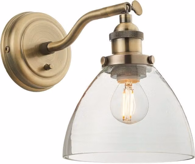 Loops Dimmable LED Wall Light in Antique Brass with Transparent Glass Shade, Adjustable Industrial Fitting – 1