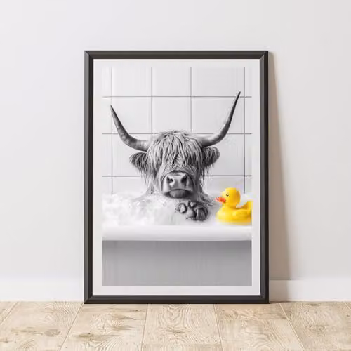 60 Second Makeover Highland Cow Bubble Bath Rubber Duck Animal Print Paper Poster, A3