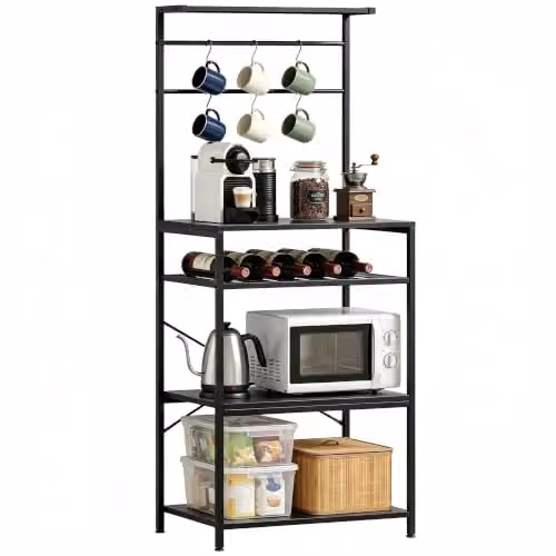 HOMCOM Freestanding Kitchen Baker's Rack with Wine Rack and Integrated Lighting, Black, W/D/H: 59 x 40 x 143.5 cm