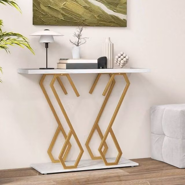 KORVIXA Contemporary Faux Marble Console Table in White, W/D/H: 100 x 30 x 80 cm