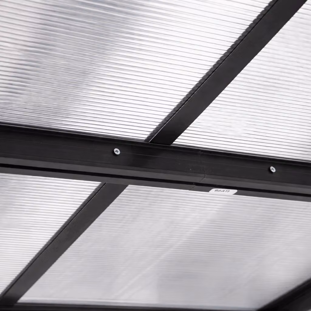 Outsunny Grey Wall-mounted Aluminium Lean-to Pergola with Polycarbonate Roof and Curtains, W: 435 cm, D: 300 cm – 7