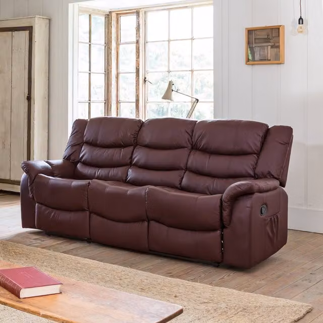 Artemis Home Almeira 3 Seat Manual Recliner Sofa in Red Synthetic Leather, Width: 205 cm