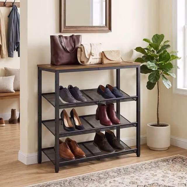 VASAGLE 4-Tier Industrial Shoe Rack with Shelves and Large Top, Brown