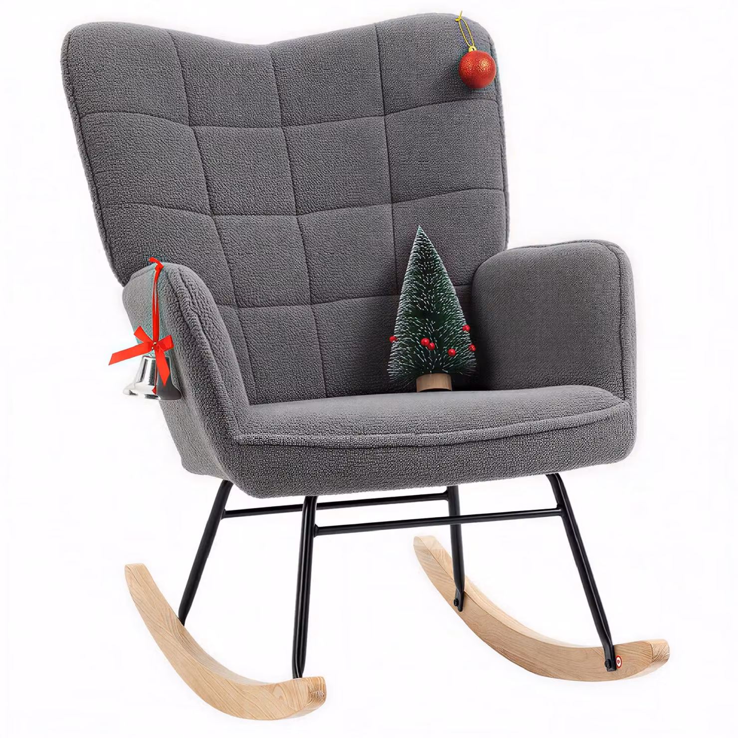 HOMCOM Modern Wingback Rocking Chair in Grey Bouclé Fabric with Mixed Metal and Wood Frame – 2