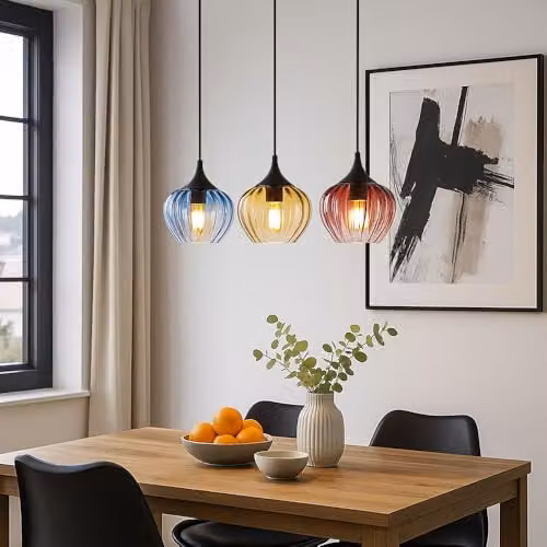 Globo Lighting Modern Bar Pendant Light with Multicolour Glass Shades and Black Metal Finish, 3x E27 Bulbs, Height Adjustable – 5