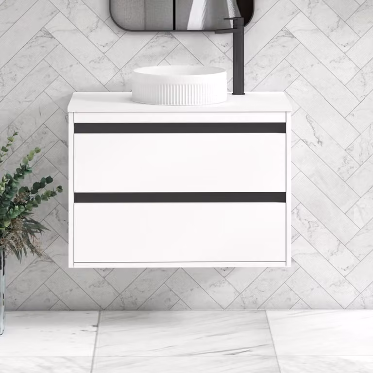 Royal Bathrooms Orion 800mm Wall Hung Matt White Vanity Unit with 2 Drawers, Round Basin and Black Accent Trim