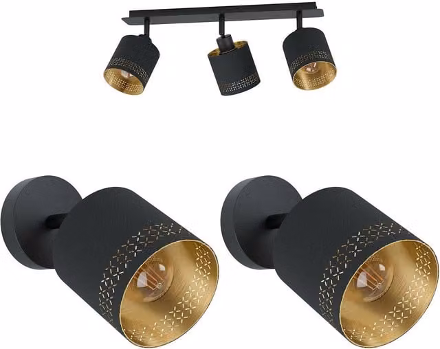 Loops Adjustable Ceiling Spot Light and 2x Matching Wall Lights in Black and Gold Pattern – 1
