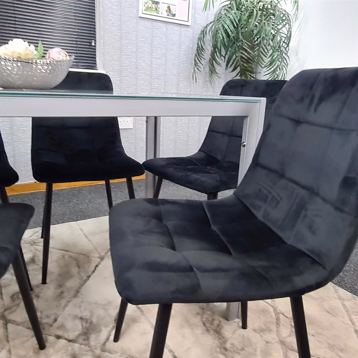 KOSY KOALA Modern Grey Glass Rectangular Dining Table with 4 Black Velvet Chairs and Brown Metal Legs – 4