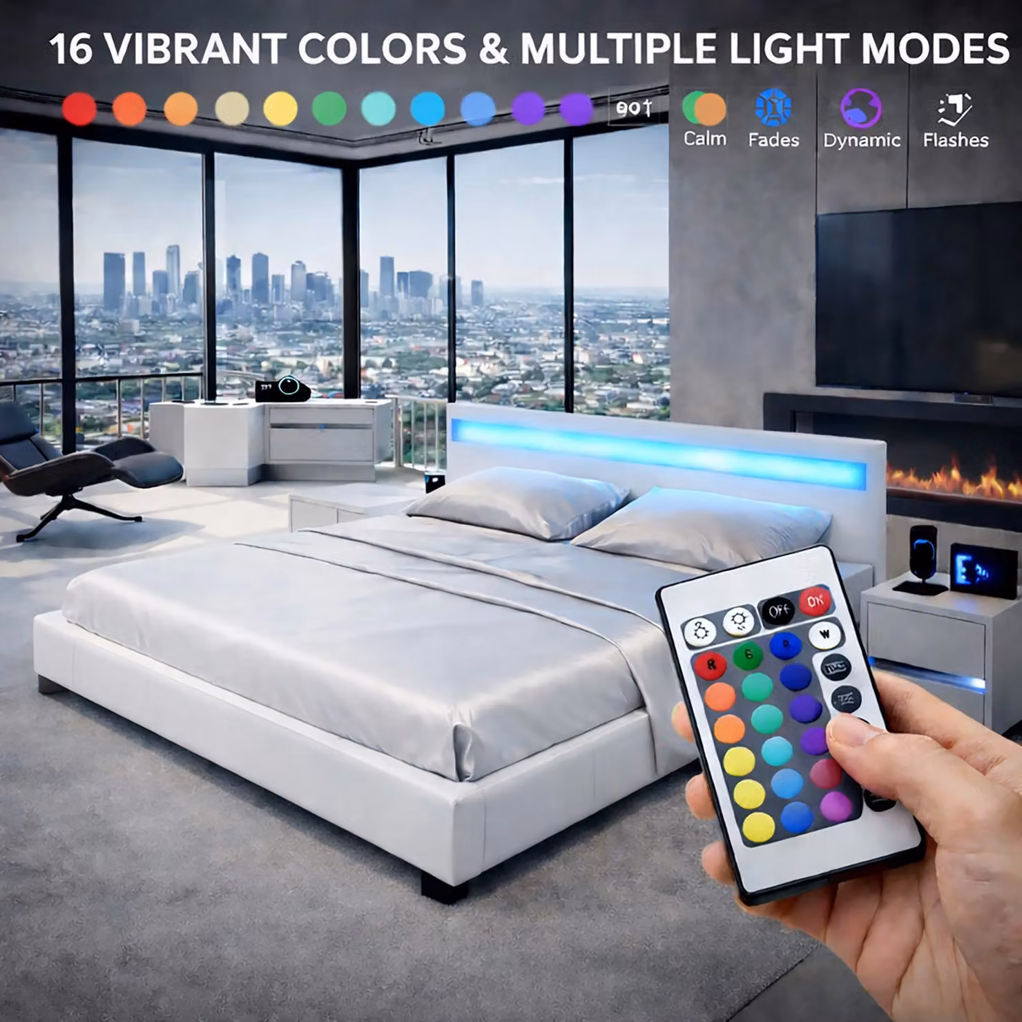 Harmin White Double 4ft6 LED Upholstered Faux Leather Bed Frame with Under-Bed Lighting W/D/H: 140 x 200 cm – 2