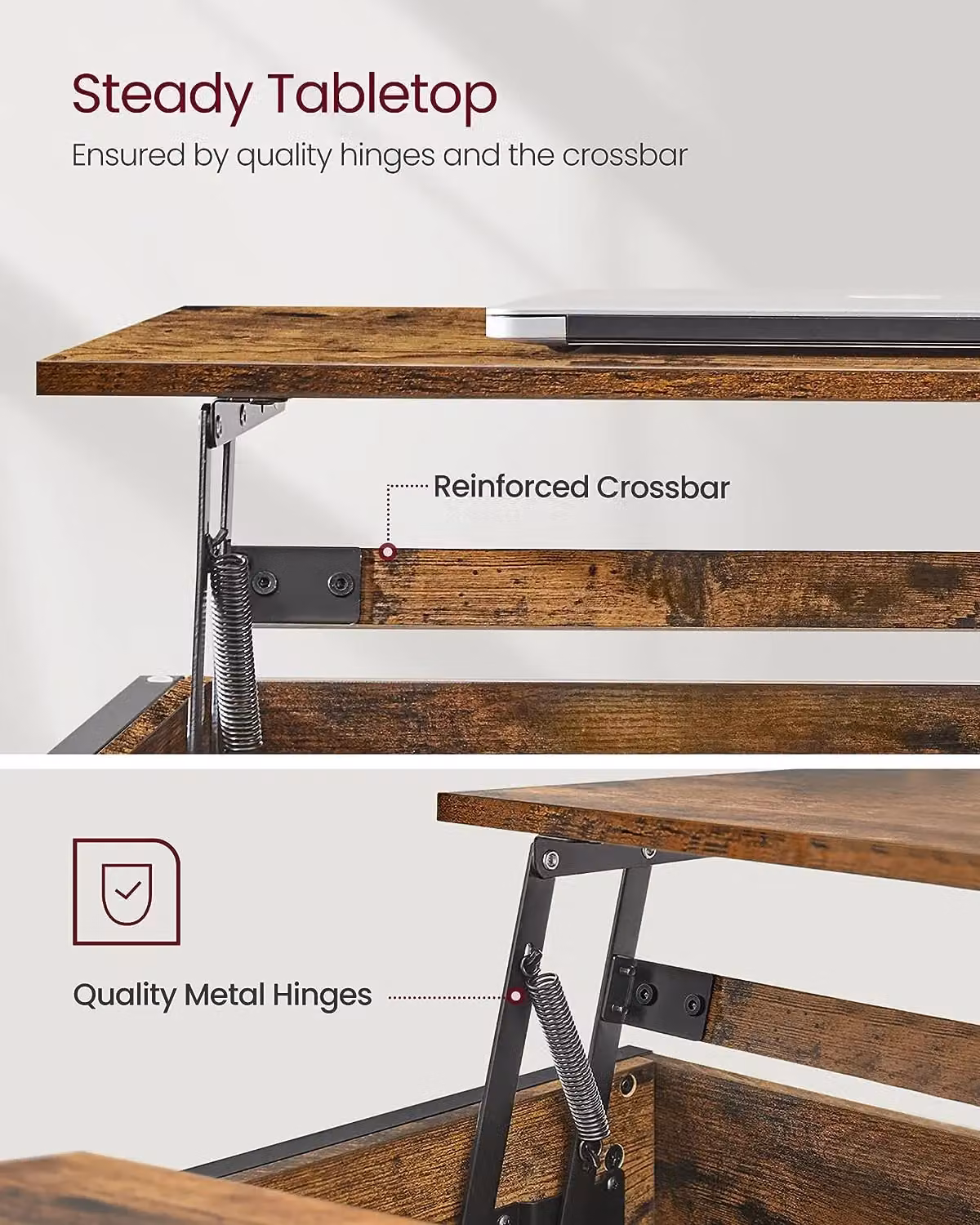 VASAGLE Brown Industrial Lift-Top Coffee Table with Height Adjustable Tilting Top and X-Shaped Metal Frame – 4