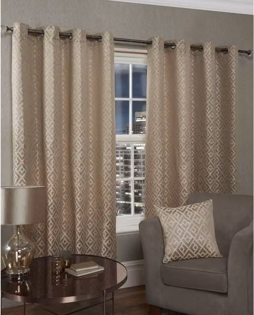 NewEdgeBlinds Geometric Eyelet Fabric Curtains in Gold, Yellow and Beige, Height: 228 cm