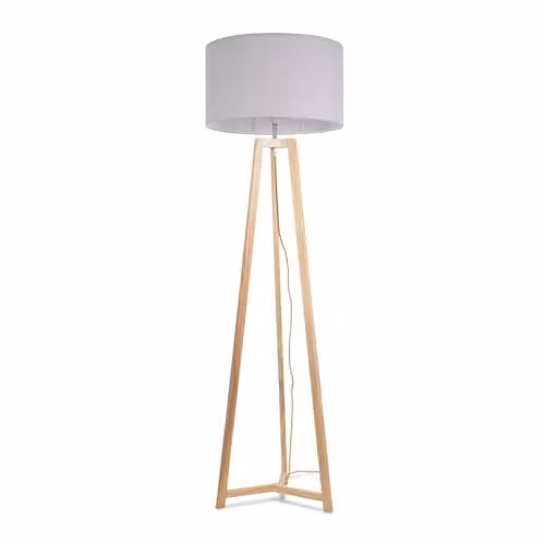 ValueLights Lottie Tripod Floor Lamp with Natural Wood Base and Grey Fabric Drum Shade