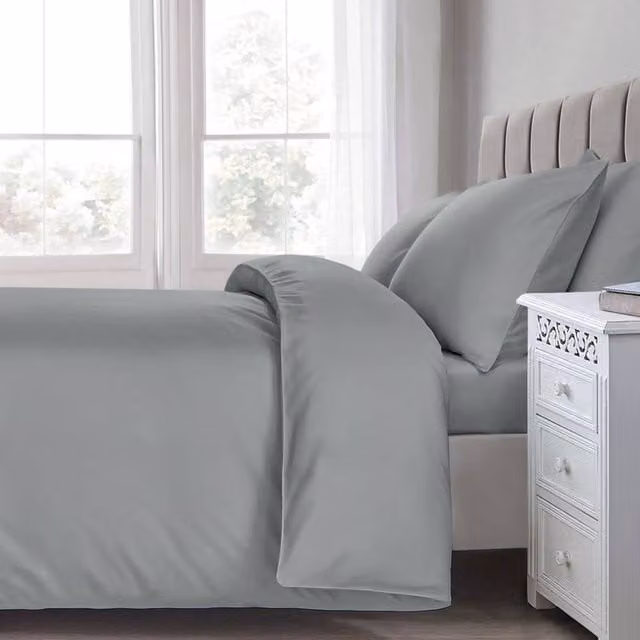 Sweet Dreams Grey 100% Percale Cotton Duvet Cover and Pillowcase Set, 200 x 220 cm