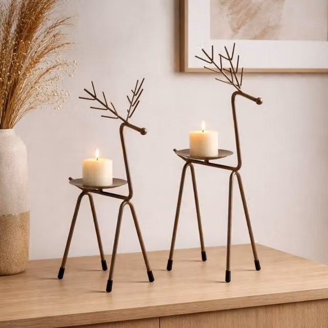 Marco Paul Bronze Metal Reindeer Pillar Candle Holder Set of 2