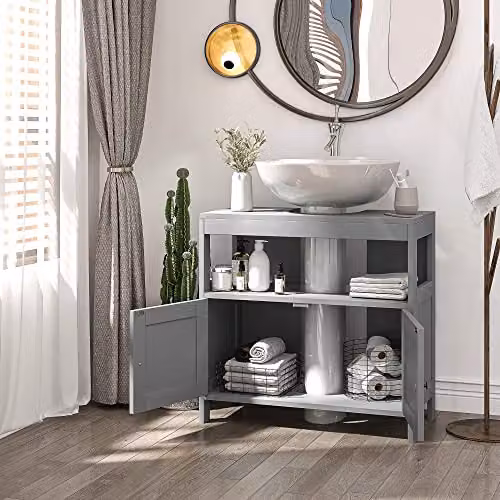 kleankin Pedestal Under Sink Bathroom Cabinet with Double Hinged Doors and Internal Shelves, Light Grey – 4