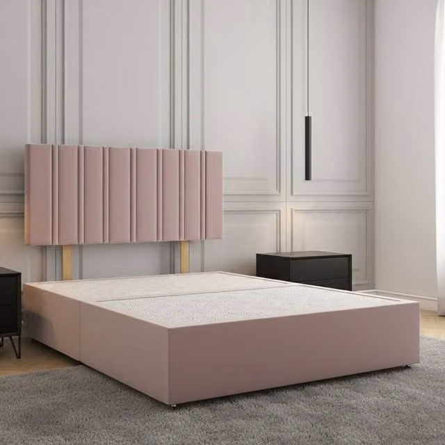 REGIONAL FURNISHINGS Luxury Plush Velvet Double Divan Bed with 24 inch Headboard in Pink, W/D/H: 140 x 200 cm