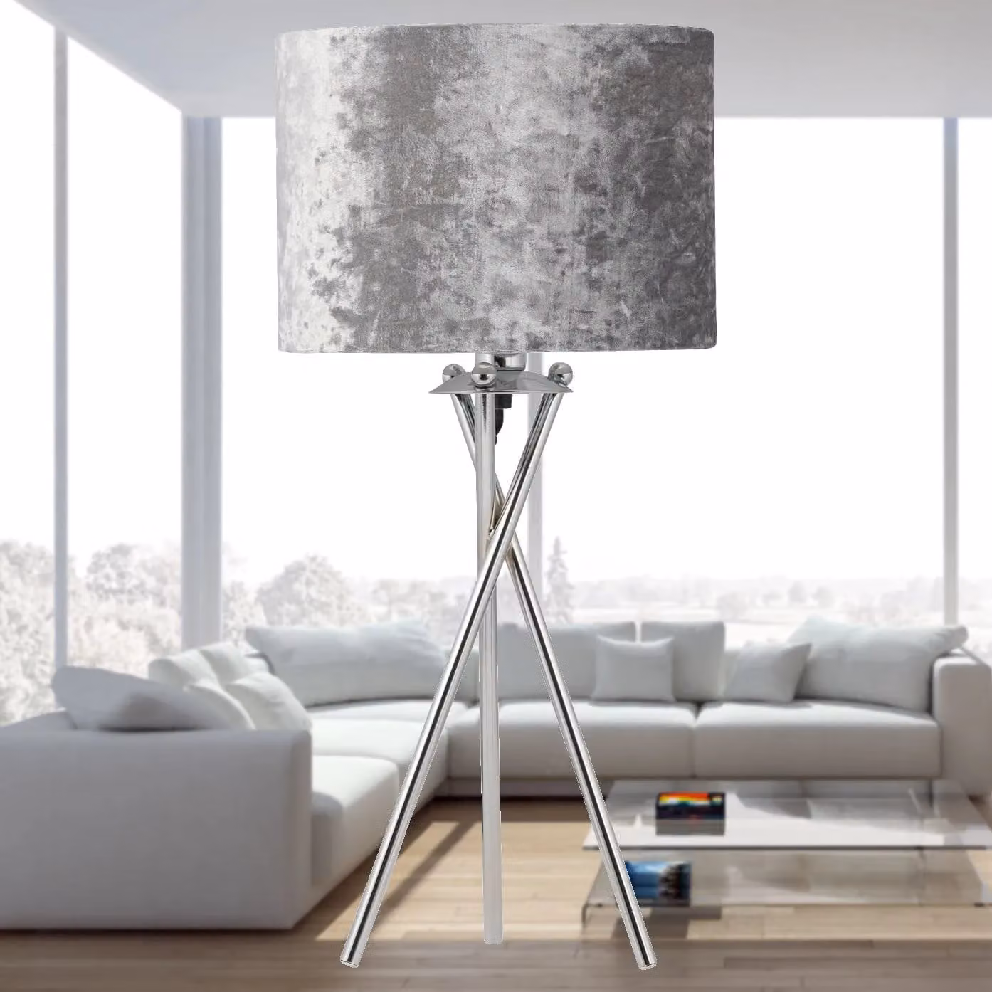 First Choice Lighting Set of 2 Chrome Tripod Table Lamps with Grey Fabric Shades – 4