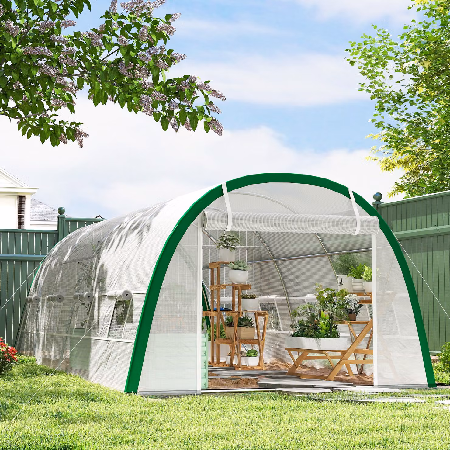 Outsunny White Walk-in Polytunnel Greenhouse with Zipped Doors, 8 Mesh Windows and PE Cover, W: 6 m, D: 3 m, H: 2 m – 2