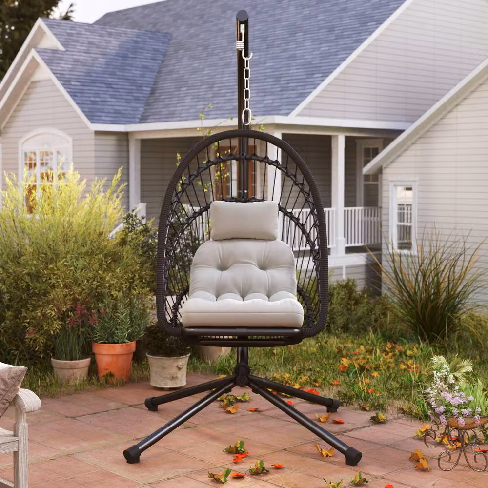 STILVORA Black Rattan Swing Chair with Cushion and Folding Basket – 2