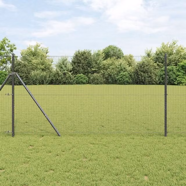 Berkfield Home Grey Powder-Coated Steel Welded Wire Fence with 13 Round Posts, 1 x 25 m – 1
