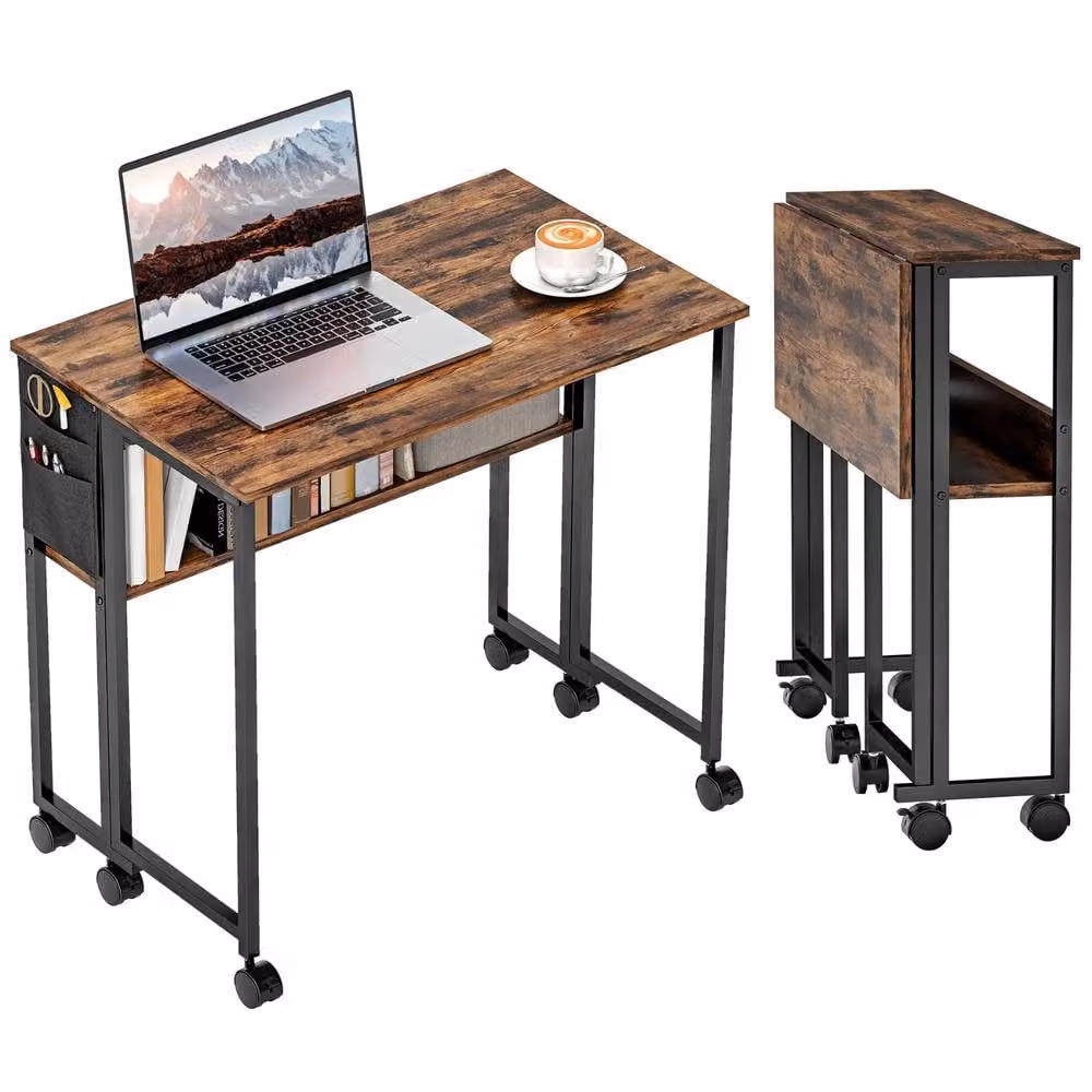 FURNOS Industrial Drop Leaf Extendable Computer Writing Desk with Wheels, Brown – 6