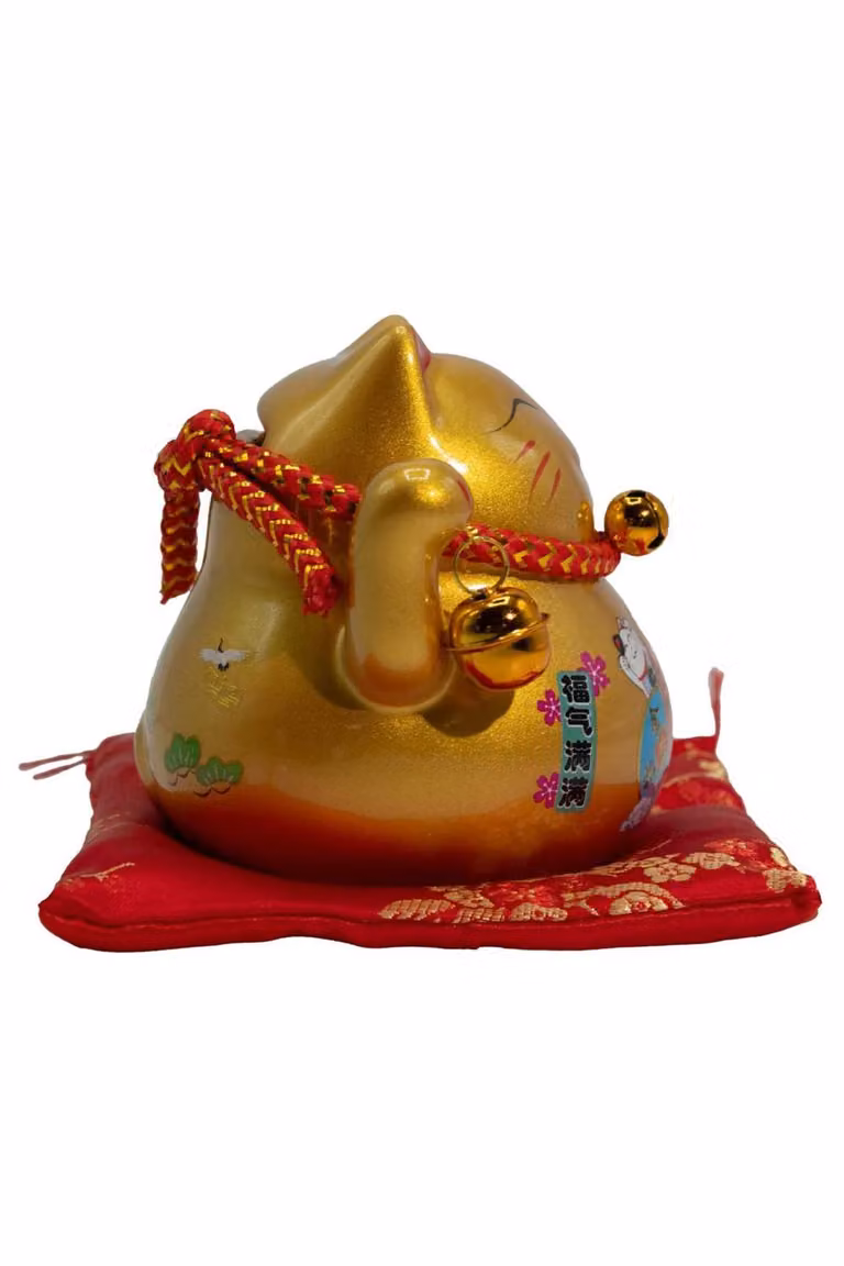 KDMD Gold Ceramic Lucky Cat Money Bank on Red Cushion, W/D/H: 10.0 x 11.0 x 11.0 cm