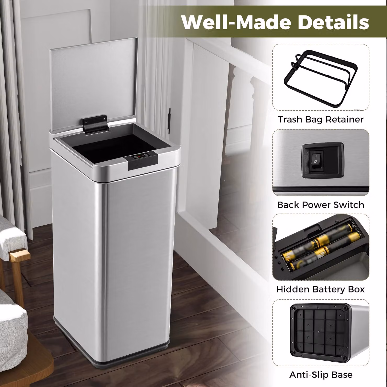 Gymax 48L Automatic Motion Sensor Trash Can with Lid in Metallic Silver – 8