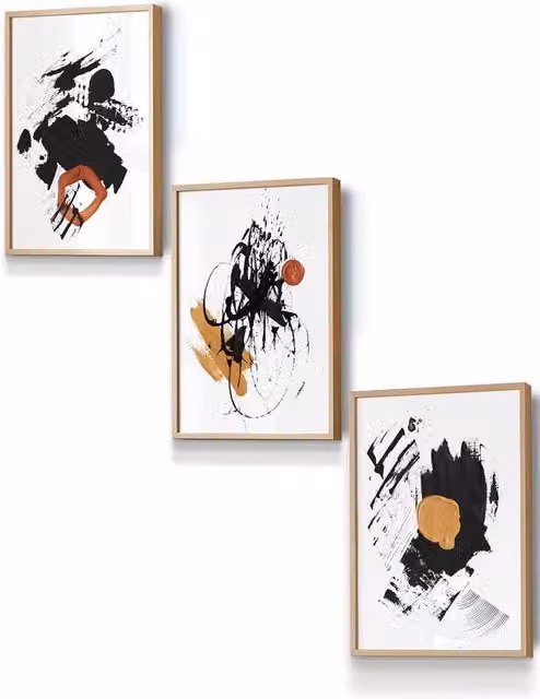 ARTZE Abstract Oil Strokes Framed Wall Art in Light Oak with Black, Yellow and Orange Design, W: 33 cm, H: 45 cm, D: 20 mm