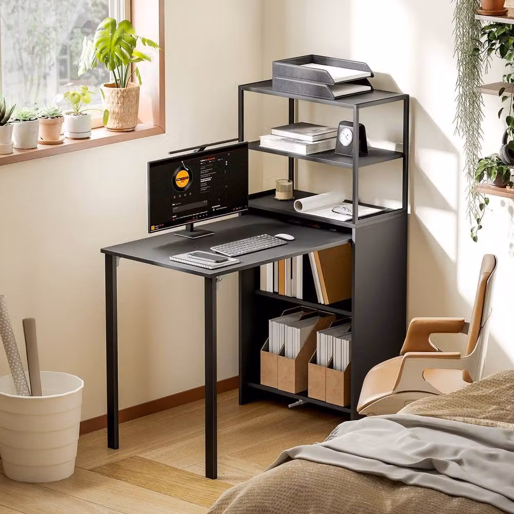 STILVORA Black Folding Desk with 4-Tier Storage – 3
