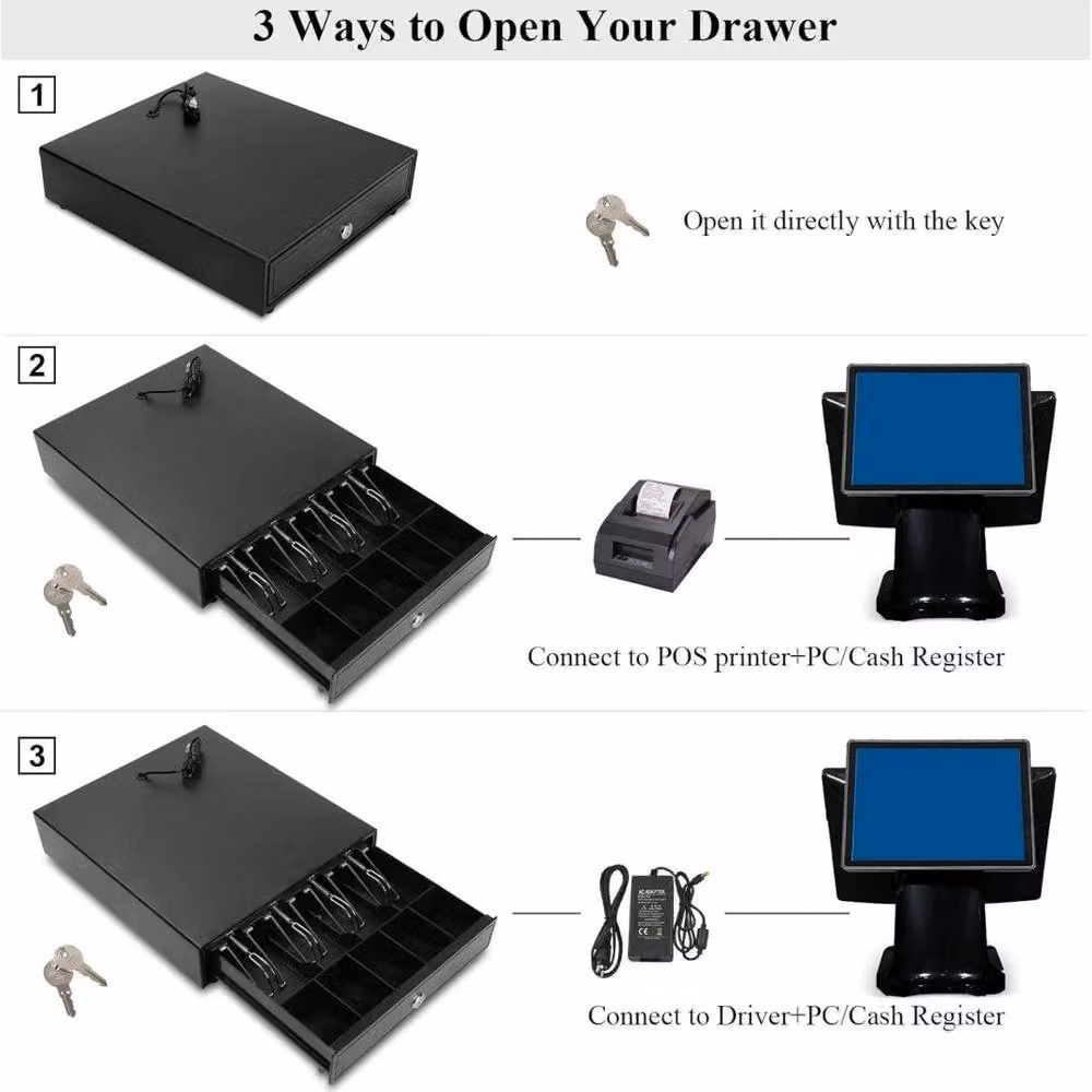 Kelvenix Cash Register Till Drawer with Removable Tray for 4 Bills and 5 Coins, Black – 7