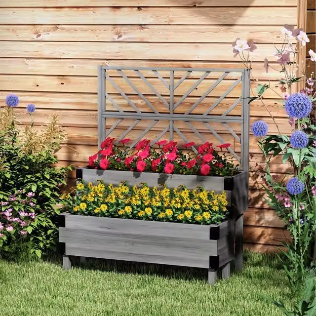 Outsunny 2-Tier Wooden Raised Bed with Trellis in Grey