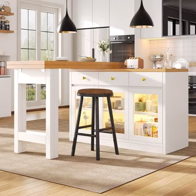 Aosom UK Extendable Modern Kitchen Island with Multicolour RGB LED Lighting and 3 Deep Drawers, White, W: 120 cm, D: 40 cm, H: 75.5 cm