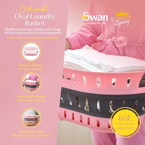 Swan x Lynsey TV's Queen of Clean 60L Collapsible Laundry Basket with Soft Grip Handles, Pink and Grey, SWLC9002QOCN – 2