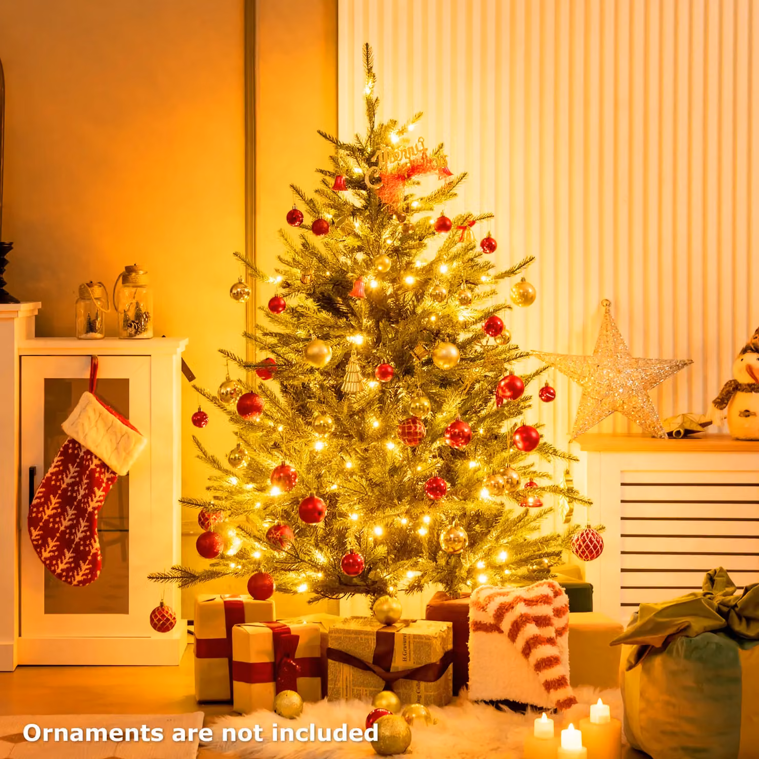 Gymax 136 cm Green Artificial Christmas Tree with 180 Warm White LED Lights – 3