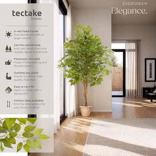 tectake Artificial Ficus Tree with Real Wood Trunk and Green Leaves, Height: 160 cm – 2