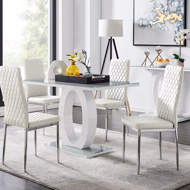 FurnitureboxUK Giovani Modern High Gloss and Glass Rectangular Dining Table and 4 Milan Chairs Set in Grey and White – 1