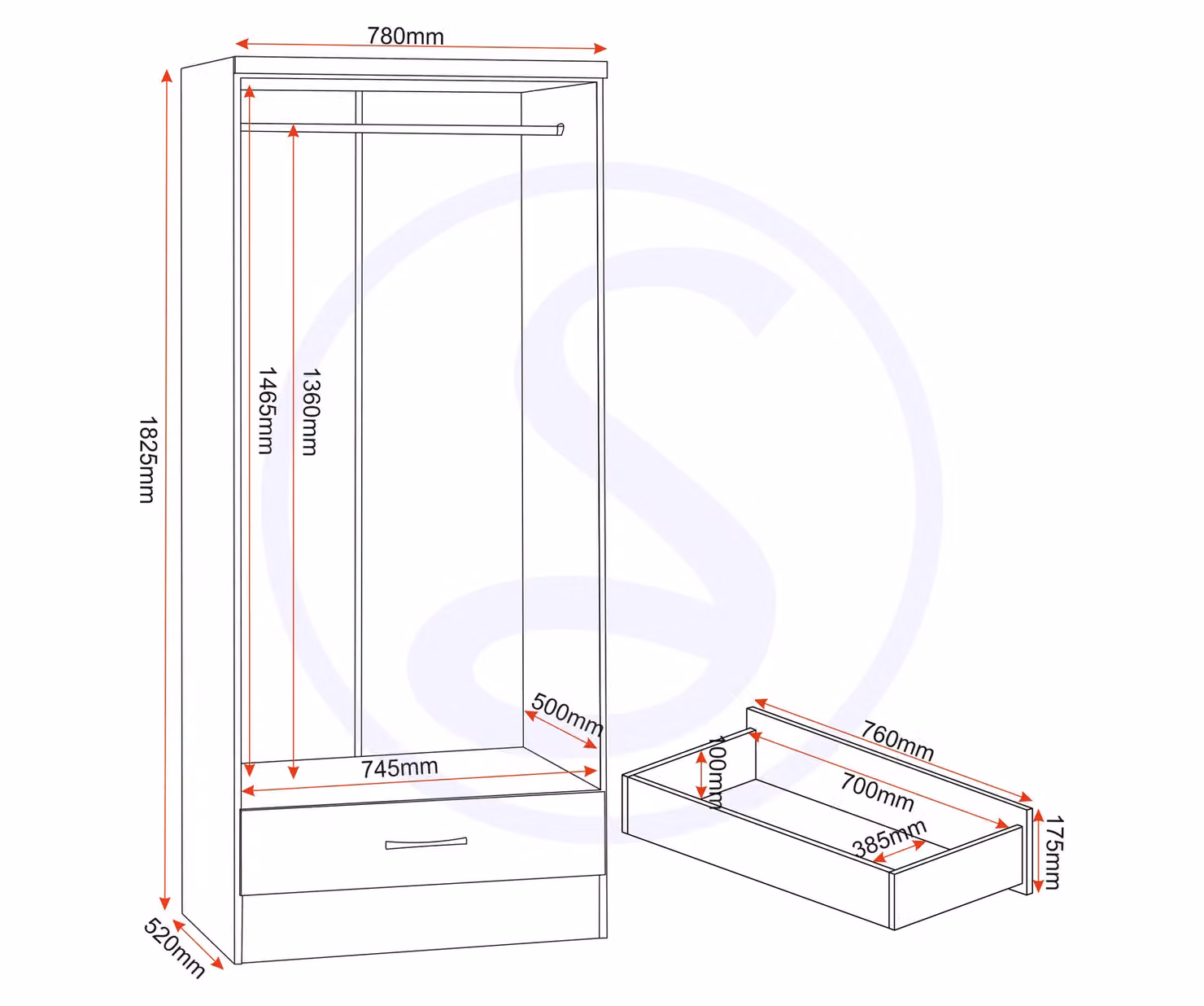 Seconique Nevada Grey Gloss and Oak 2 Door 1 Drawer Mirrored Wardrobe W/D/H: 78 x 52 x 182 cm – 3