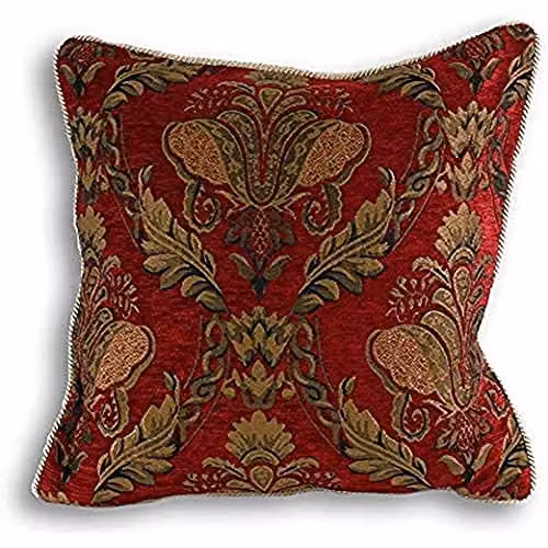 Riva Paoletti Shiraz Large Square Filled Cushion in Red Embroidered Damask Jacquard with Gold Piped Edges, W/D/H: 58 x 58 x 58 cm