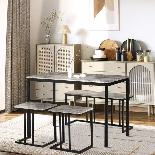 HOMCOM Modern Dining Table and Chairs Set with Bench for 4 People, Grey and Black Rectangular Kitchen Table Set with Metal and MDF Construction