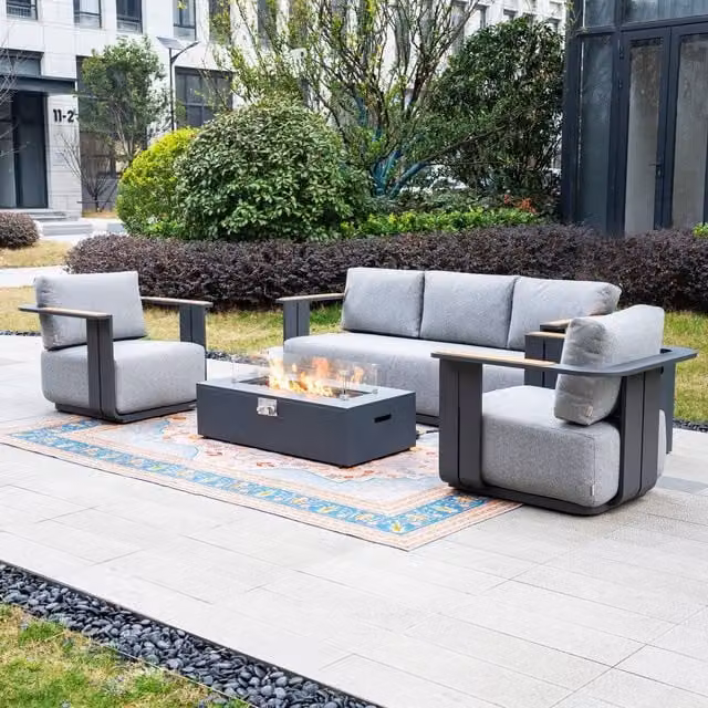Mimo 5-Seater Grey Garden Furniture Set with Powder Coated Aluminium Frame, Teak Accents and Iron Firepit Table – 1