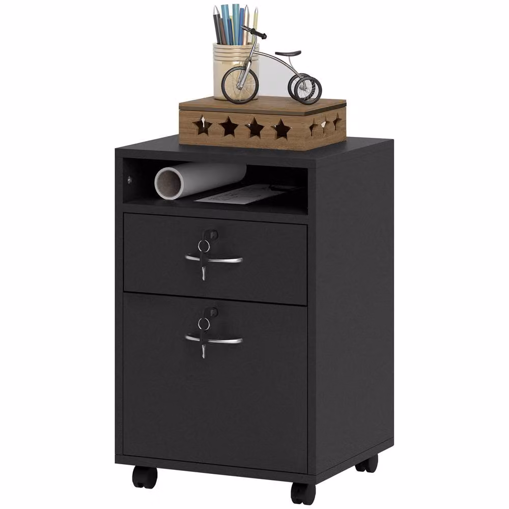 Rolipo Lockable 2-Drawer Filing Cabinet and Printer Stand with Open Shelf in Black – 2