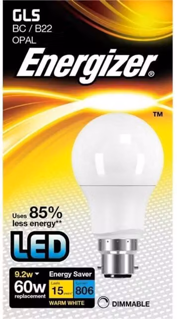 Energizer LED GLS 9.2W Opal Warm White Dimmable B22 Light Bulb, 806lm, White